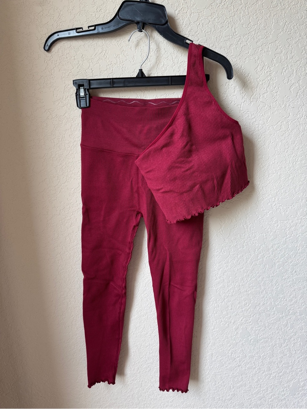 Spiritual Gangster Ribbed One-Shoulder Crop Top in Wine and matching leggings